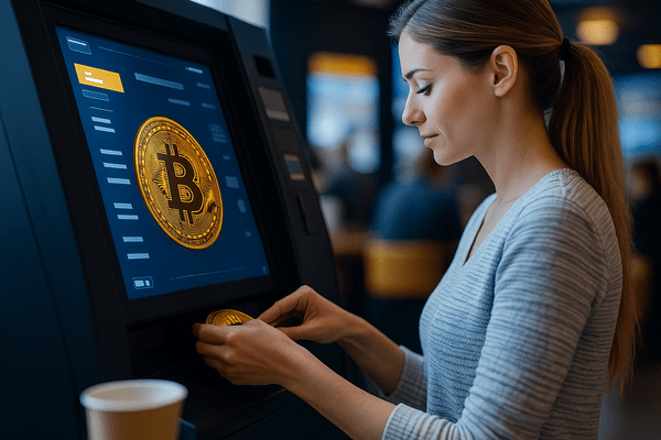 Mujer gestionando transacción en cajero automático de Bitcoin con atención