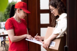 Una mujer recibe su paquete del repartidor