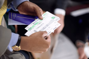 Empresario sosteniendo boletos de avión antes de embarcar
