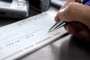 Primer plano del proceso de cobro de cheques