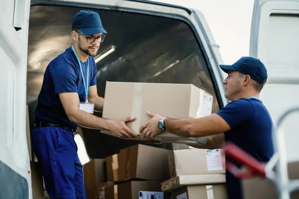 Dos repartidores entregando paquetes Dos repartidores entregando paquetes