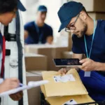 Courier services team scanning packages for delivery