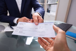 a businessman handing over check for check cashing