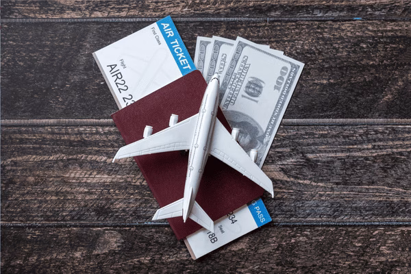 Configuración de viaje con billetes de avión y dólares
