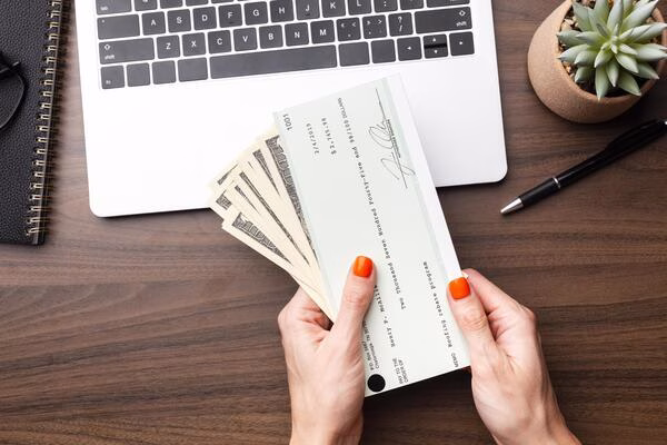 Woman receiving cash from a check written to her business