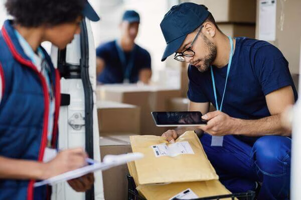 Trabajadores que revisan los paquetes antes de enviarlos