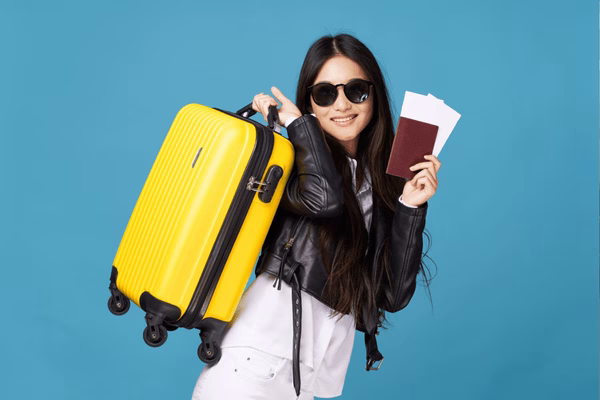 Viajero con pasaporte y billetes de avión sonriendo