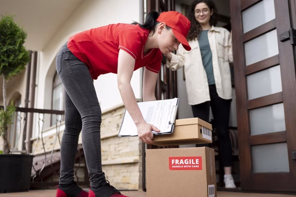 Trabajador de servicios de mensajería que entrega paquetes frágiles