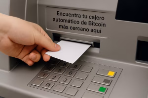 Mano extrayendo el recibo de la transacción del cajero automático de Bitcoin