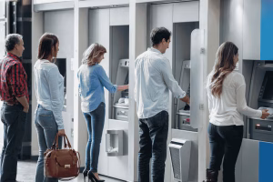 Personas esperando en fila en un cajero automático de Bitcoin