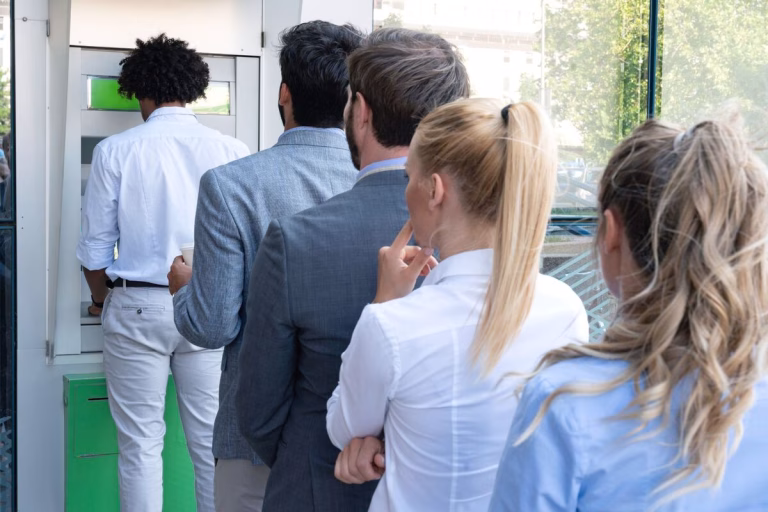 Long line of customers at local Bitcoin ATM machine.