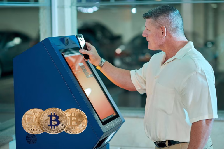 Man using a Bitcoin ATM with mobile phone verification.