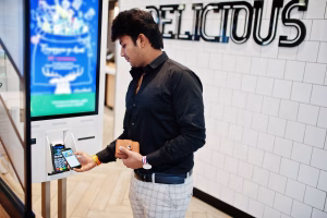 Man using smartphone at a self-service Bitcoin ATM kiosk