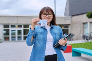 Woman holding ID required in using Bitcoin ATM