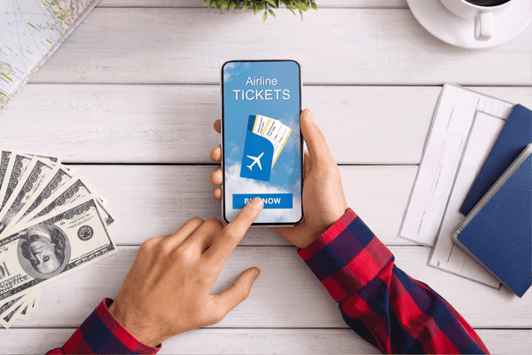 Persona que compra billetes de avión a través de una aplicación de viajes
