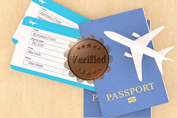 Pasaporte verificado y billetes de avión sobre la mesa.
