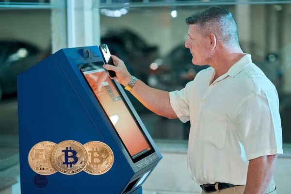Man using Bitcoin ATM to buy digital currency with ease