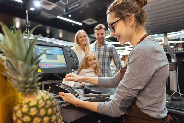 A family in grocery shopping after visiting a nearby Bitcoin ATM.