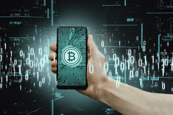 Hand holding phone with Bitcoin screen and code