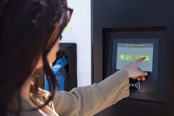 A woman using touchscreen interface of a Bitcoin ATM.
