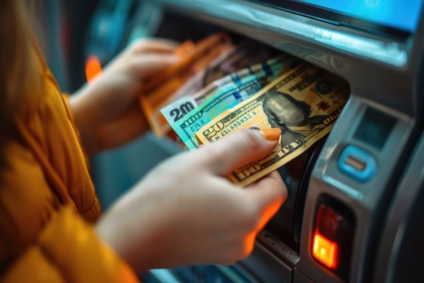 User inserting cash into Bitcoin ATM for cryptocurrency purchase