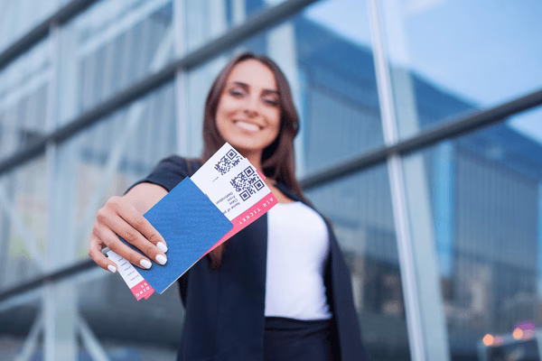 Smiling Woman Holding Her Plane Tickets