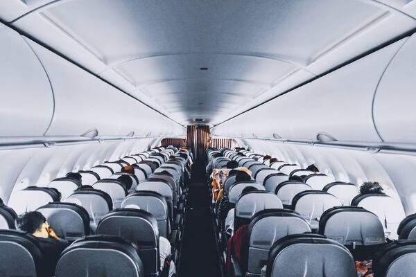 Pasajeros sentados en el vuelo después de reservar boletos de avión para temporada alta.
