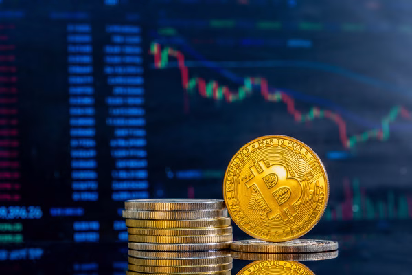 Concepto de Bitcoin con monedas de oro y pantalla de negociación