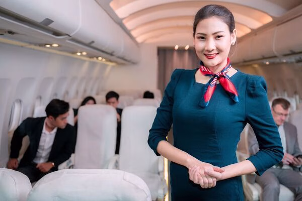 Friendly crew member showing seats for plane tickets holders