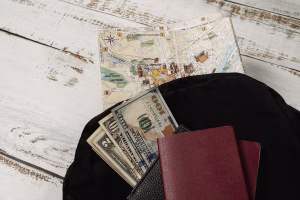 Backpack with travel money and passport for Cross Border Payments.