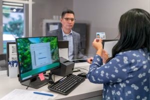 Bank clerk verifying ID for Cross Border Payments transaction process.