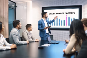 Business team discussing Cross Border Payments growth during meeting
