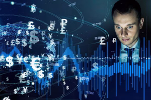 Digital currencies and analytics visualizing cross border payments landscape.