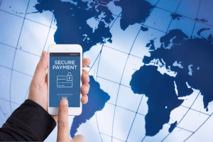 Mobile app showing secure Cross Border Payments on global background.