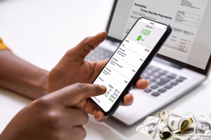 Mobile invoice showing completed Cross Border Payments transaction.