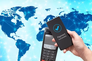 Mobile phone processing Cross Border Payments with global connection background