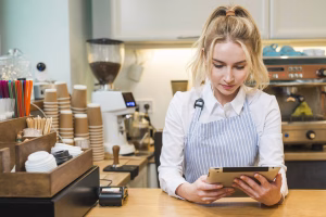 Small business owner managing Cross Border Payments on tablet