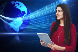 Cross Border Payments technology concept with woman and globe