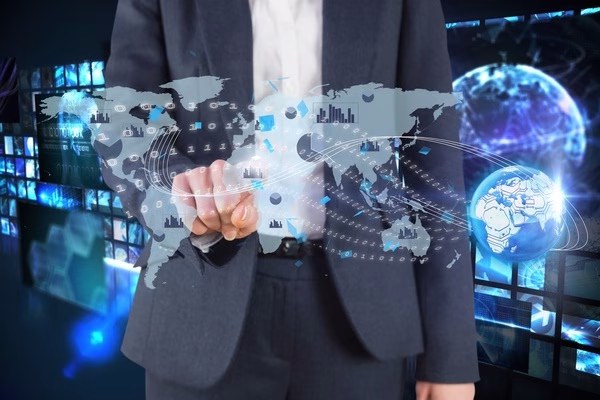 Businessman interacting with global cross-border payment network