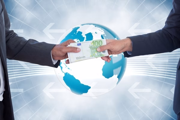 Businessmen exchanging money across global payment network