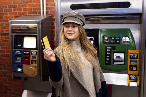 Woman holding card near secure Bitcoin ATMs station
