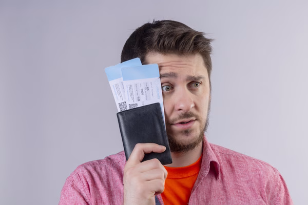 Hombre preocupado con billetes de avión retrasados