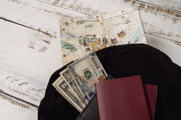 Backpack packed with Cross Border Payments cash and documents
