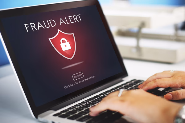Fraud alert warning on laptop screen for Cross Border Payments
