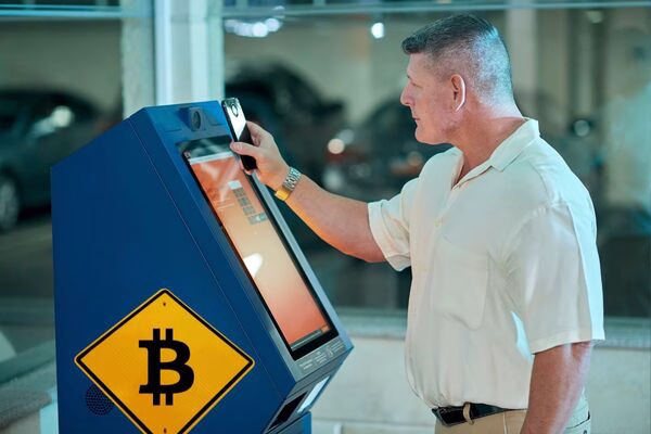 Man using Bitcoin ATM with mobile phone for transaction.