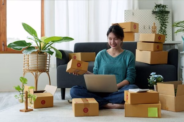 Online seller managing Cross Border Payments with laptop and packages.