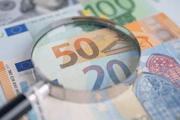 Magnifying Glass Over Euro Bills For Check Cashing