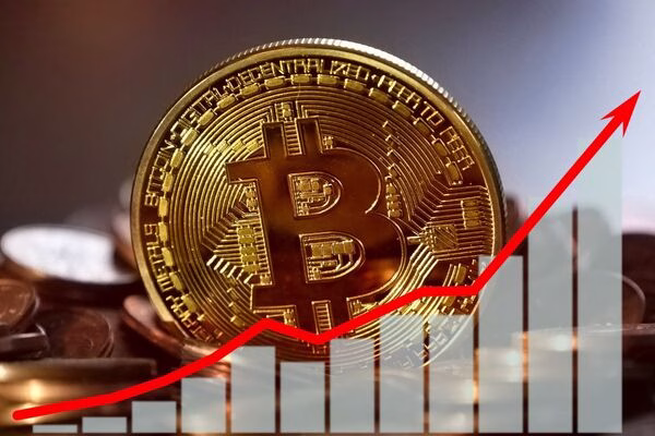Bitcoin success illustrated by upward arrow and coin.
