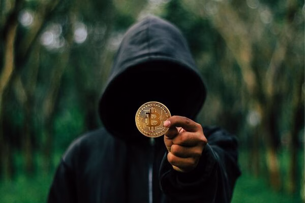 Hombre explica algo de un libro junto a un cajero automático de Bitcoin.