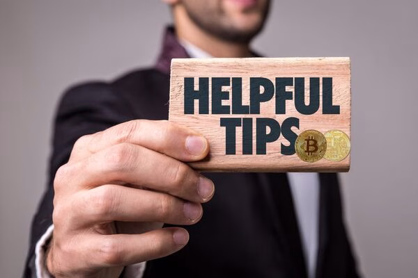 Man holding helpful tips sign with Bitcoin ATM coins.